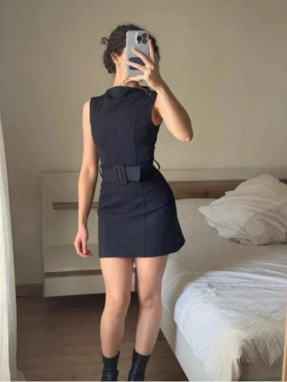 Navy Belted Shift Dress โ Zara Structured Boat Neck NWT M - Picture 15 of 16